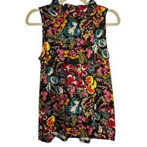LOFT Multicolor Floral Sleeveless Blouse Chiffon Front Knit Back High Neck XS